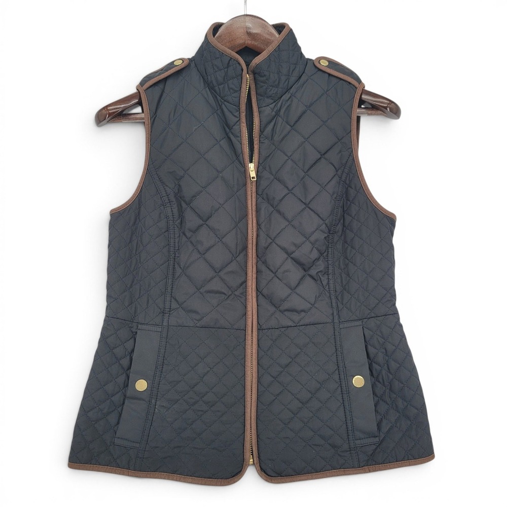 Talbots Womens XS Quilted Puffer‎ Vest Black Faux Leather Trim Preppy Riding